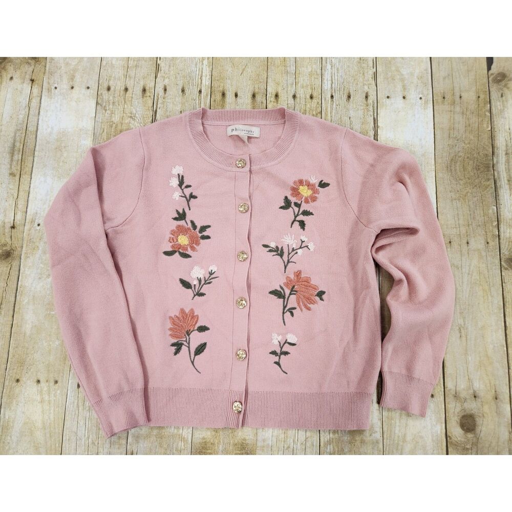 Philosophy Cardigan Pink Floral Embroidered M Rose Gold Buttons Cottage Feminine